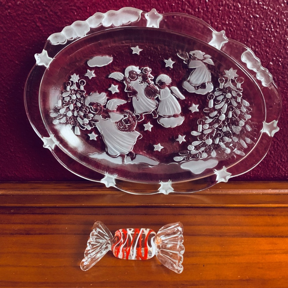 VTG Mikasa Holiday Frosted Oval Dish w Angels & Handblown Glass Candy Ornament